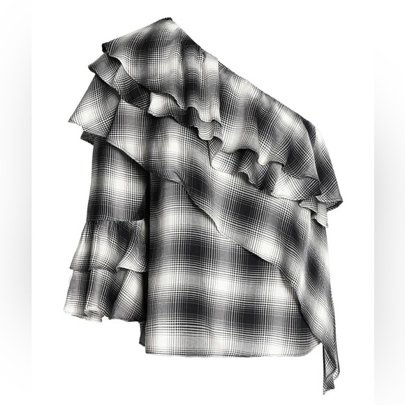 Alice + Olivia Black White Plaid One Shoulder Ruffle Top Size Med - Picture 9 of 16